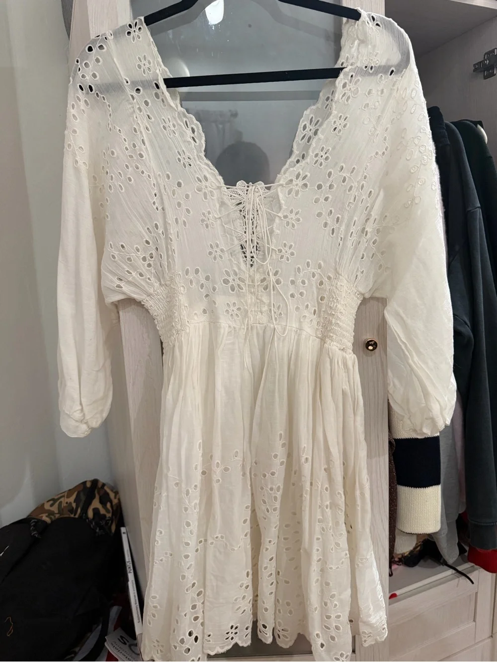 White Eyelet Cotton V-Neck Mini Dress